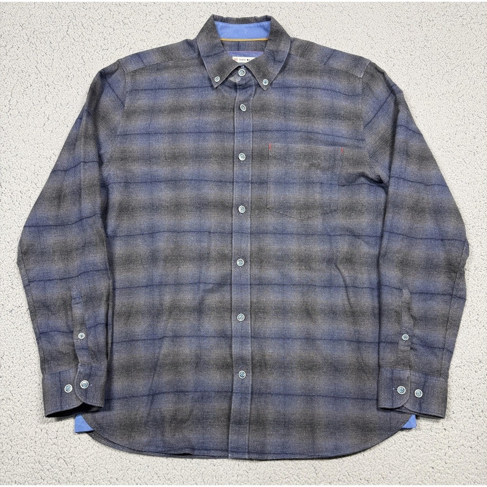 32 Bar Blues Shirt Mens M Blue Plaid Flannel Long Sleeve Button Up Casual